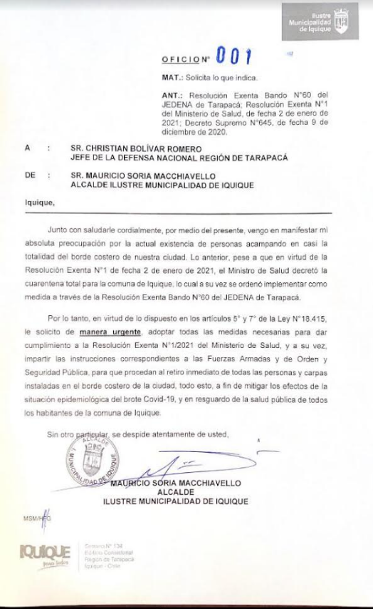 Municipalidad de Iquique solicita a Jedena que intervenga ante carpistas del borde costero