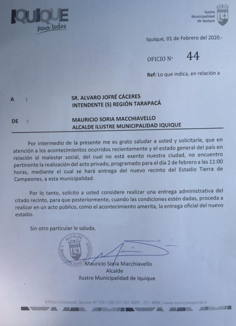 Carta del alcalde Mauricio Soria M. al Intendente (s) de la región de Tarapacá
