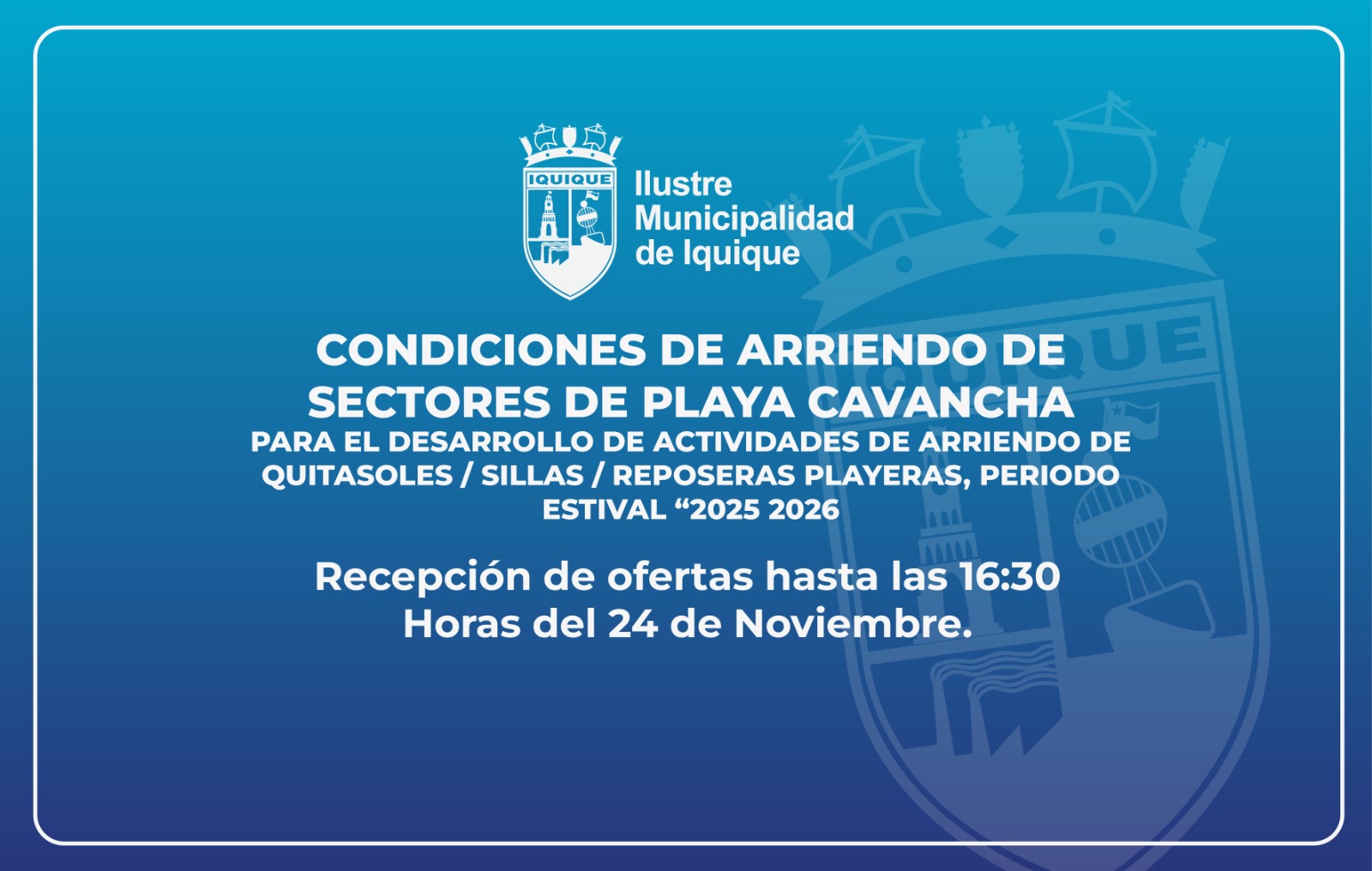 Condiciones de arriendo de sectores de Playa Cavancha para el desarrollo de actividades de arriendo de quitasoles, sillas, reposeras playeras, periodo estival 2025-2026